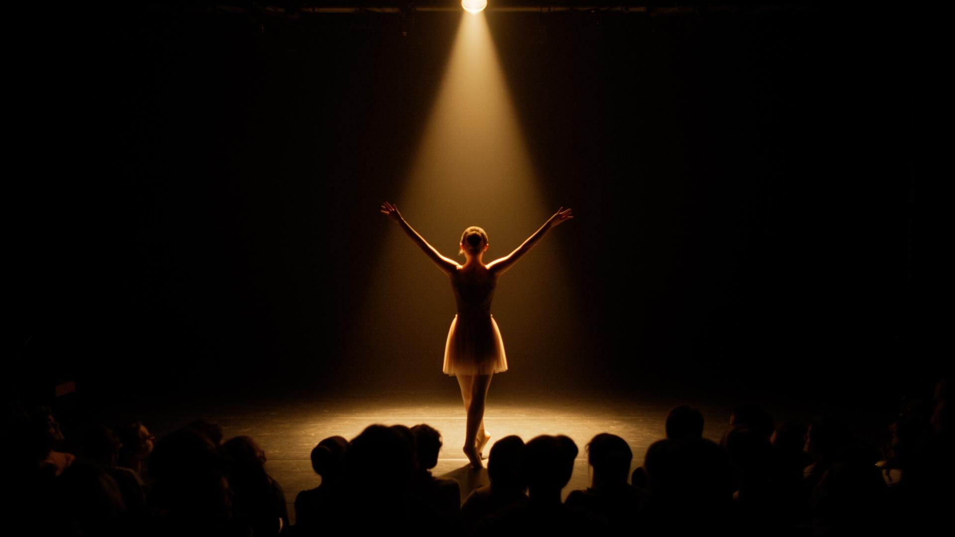 Young dancer alone on stage under a single warm spotlight