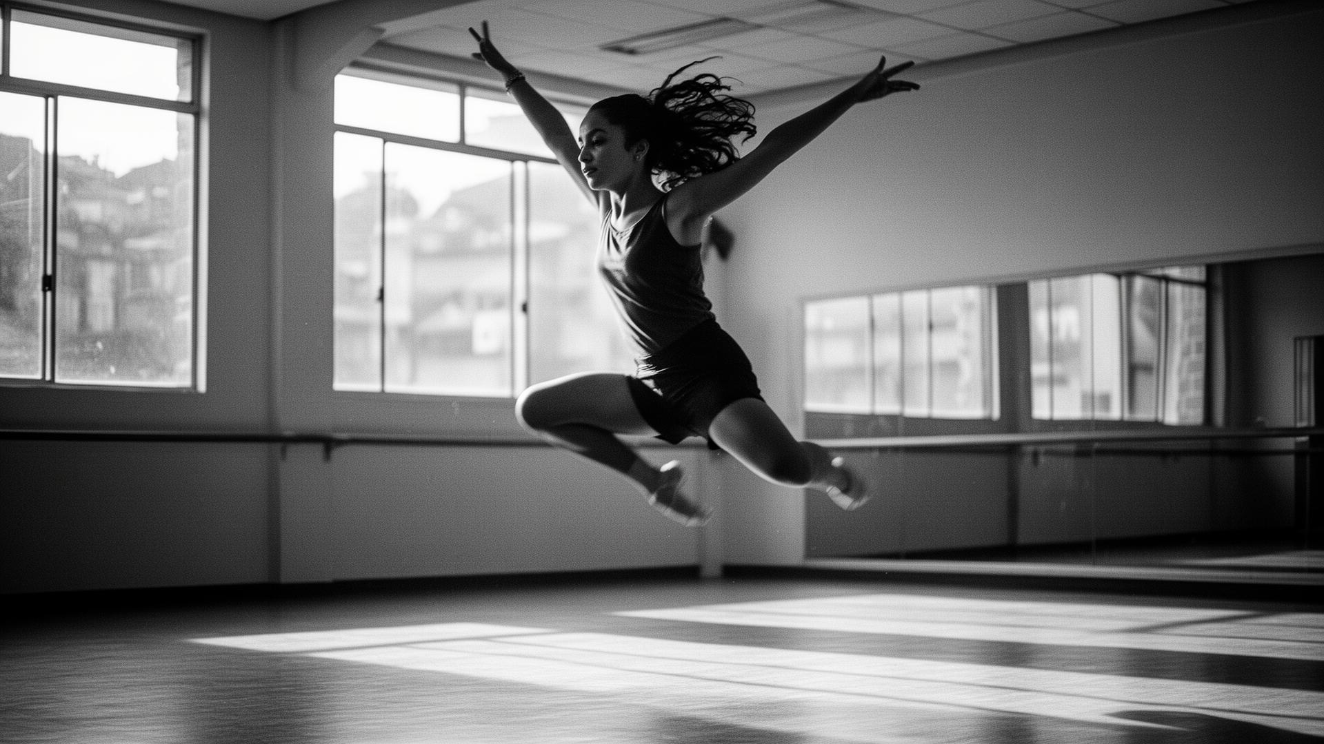 Young dancer mid-leap in a sunlit Medellín studio